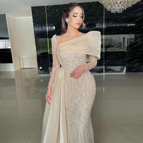 Saudi Arabia Luxury Evening Dresses Jersey Mermaid/Trumpet Celebrity Gown Ivory Off-the-shoulder Pearls Beading Prom Dress Long