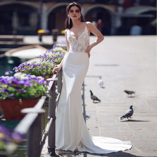 LoveDress Богемное свадебное платье с v-образным вырезом без рукавов и кружевными аппликациями Пляжное платье русалки невесты из спандекса со шлейфом на спине по индивидуальному заказу