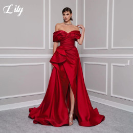 Элегантное платье для выпускного вечера Lily Red с v-образным вырезом и открытыми плечами, вечернее платье для женщин, атласные плиссированные вечерние платья с разрезом по бокам, по индивидуальному заказу