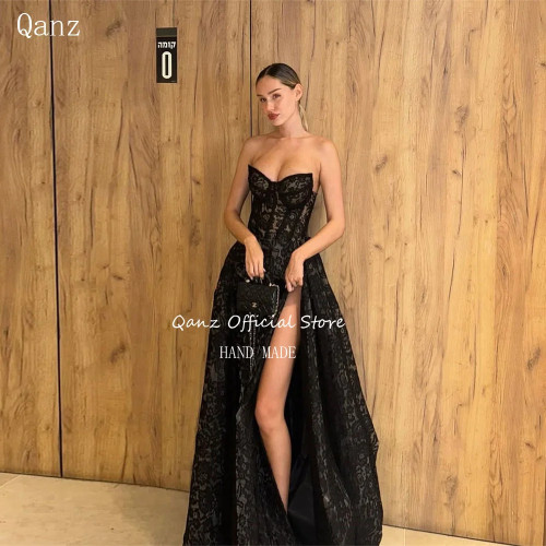 Qanz черные кружевные платья Vestidos De Fiesta Elegantes с высоким разрезом и открытой спиной, вечерние платья для выпускного вечера, вечерние платья, женские платья по индивидуальному заказу
