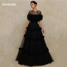 Amanda Customized Black Multilaye Вечернее платье Wave Point Prom Dress Сексуальное вечернее платье с круглым вырезом из тюля трапециевидной формы فساتين مناسبة رسمية