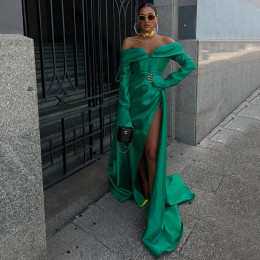 Изумрудно-зеленое вечернее платье с длинными рукавами и открытыми плечами, женское платье с драпировкой и высоким разрезом, женское платье для выпускного вечера