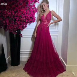 Женское вечернее Платье Bella Philosophy, розовое Тюлевое платье на тонких бретельках с V-образным вырезом, Открытое вечернее платье до пола, коктейльное платье для свадьбы,