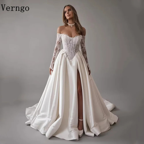 Verngo Lvory Атласное свадебное платье с открытыми плечами и длинными рукавами, трапециевидное платье с боковым разрезом, свадебное платье со шлейфом по индивидуальному заказу