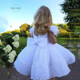 BABYONLINE белые платья с цветочным узором для девочек для детей, блестящие бусины, бант с перьями, вечернее бальное платье принцессы для причастия, пачка для малышей