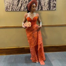 Aso Ebi Стиль Оранжевые кружевные вечерние платья Нигерийское свадебное платье Красивое кружевное черное женское платье на день рождения с бисером на заказ