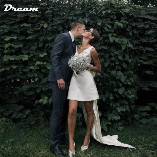 DREAM Короткое мини-атласное свадебное платье с v-образным вырезом по индивидуальному заказу, с большим бантом и открытой спиной, без рукавов, длиной выше колена, свадебное платье 2025