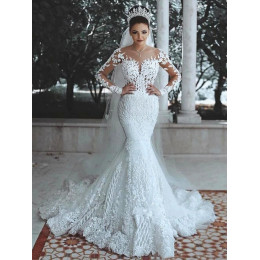 Блестящее кружевное свадебное платье Русалка иллюзионный лиф vestido de noiva с длинным рукавом Прозрачный вырез аппликации свадебные платья весна 2020