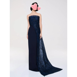 Oisslec Dress Elegant Vintage Sexy Navy Blue Beads Lace Shiny Stylish Customized Formal Occasion Prom Dress Evening Party Gowns