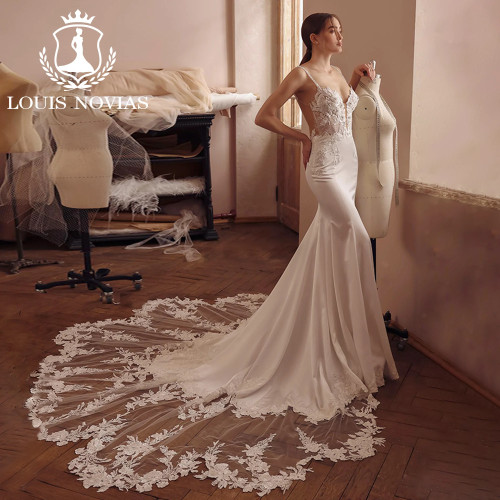 LOUIS NOVIAS Свадебные платья русалки для женщин, высокое качество, свадебное платье с глубоким v-образным вырезом и блестками, аппликациями, Vestidos De Novia
