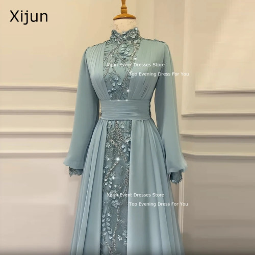 Скромные зеленые мусульманские Вечерние платья Xijun с длинным рукавом с высоким воротником Выпускные платья марокканский кафтан Выпускные платья Дубай женское платье 2024