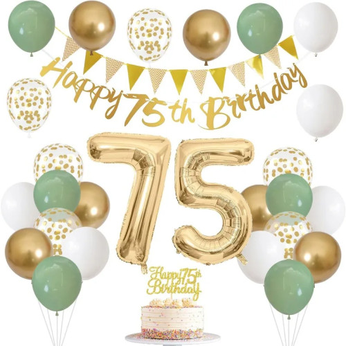 Sage Green Gold White 75th Birthday Decoration для воздушных шаров на день рождения Happy 75th Birthday Banner 75 Cake Topper 70 Year Old Decor