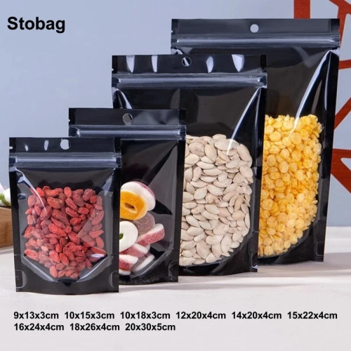 StoBag 100 шт., черная сумка для упаковки пищевых продуктов, прозрачная алюминиевая фольга, самозапечатывающаяся сумка для хранения конфет, орехов, многоразовая сумка
