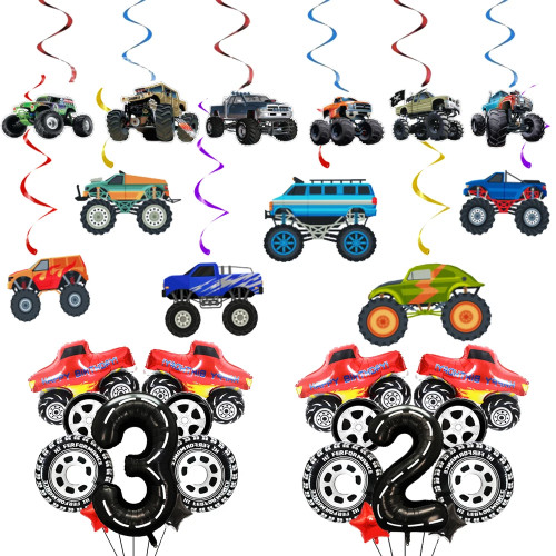Подвесные завитки для вечеринки Monster Truck, подвесные украшения для мальчиков, воздушный шар из фольги с номером грузовика Monster Truck, товары для вечеринок