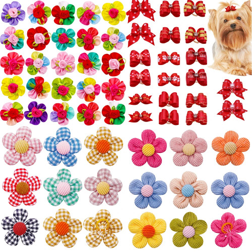 10/20pcs Flower Small Dog Hair Bows Grooming Boutique Cat Hair Bowknot For Dog Rubber Band Hand-made Dog Items Dog Accessories