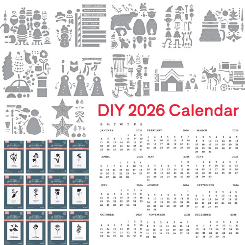DIY 2026, календарь, горячая фольга, металлические штампы, сделай сам, изготовление карточек, скрапбукинга, тисненая бумага, альбом, принадлежности для рукоделия, шаблон, украшение