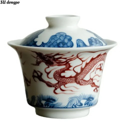 Керамическая чаша для приготовления чая Red Dragon Gaiwan White Ru с синей и белой глазурью, чашка для приготовления чая в китайском стиле в стиле ретро, кунг-фу