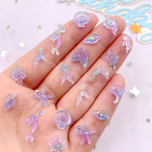 100Pcs Resin Colorful mini Luminous Mermaid Nail Charms Glow Shell Ocean Flat back Rhinestone Art Decor Accessorie DIY Scrapbook