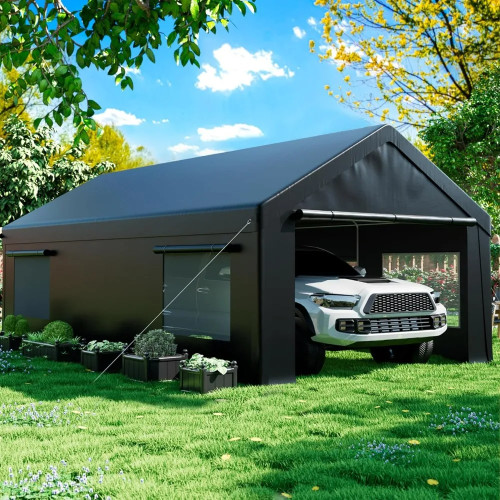 Портативный гараж Carport 12 x 20 футов для тяжелых условий эксплуатации, дверь с боковым открытием и поворотные окна, усиленное основание автомобильного навеса с четырьмя отверстиями, Carport