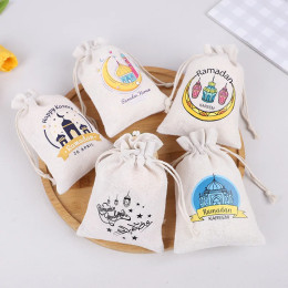 5/10/20pcs Eid Mubarak Cotton And Linen Drawstring Bags Ramadan Kareem Cookies Gifts Packing Bag For Islamic Muslim Party Supply