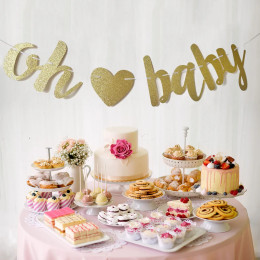Золотистый Блестящий баннер Oh Baby Shower, знак с сердцем