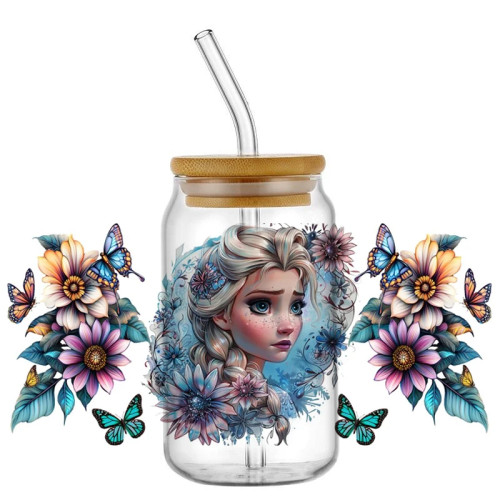 Наклейка Miniso серии Принцессы, наклейка на стаканы UV DTF, наклейка для 16 унций Libbey Glass, самоклеящаяся моющаяся переводная наклейка «сделай сам» с рисунком Эльзы