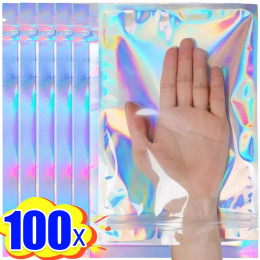 100/10 шт. переливающиеся самозапечатывающиеся пакеты, пластиковая лазерная сумка для хранения на молнии, конфеты, макияж, ювелирные изделия, подарок, водонепроницаемая упаковочная сумка для еды