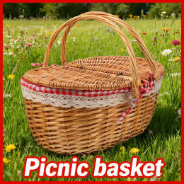 Корзина для пикника из ротанга 38x28x18 см, корзина для хранения с ткаными ручками и крышкой для домашнего декора, подарки, кемпинга, хранения овощей игрушек