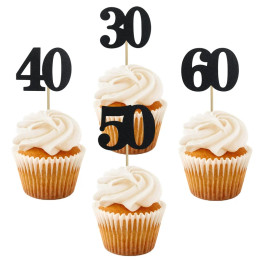 10 шт., черные топперы для капкейков, 30/40/50/60 лет