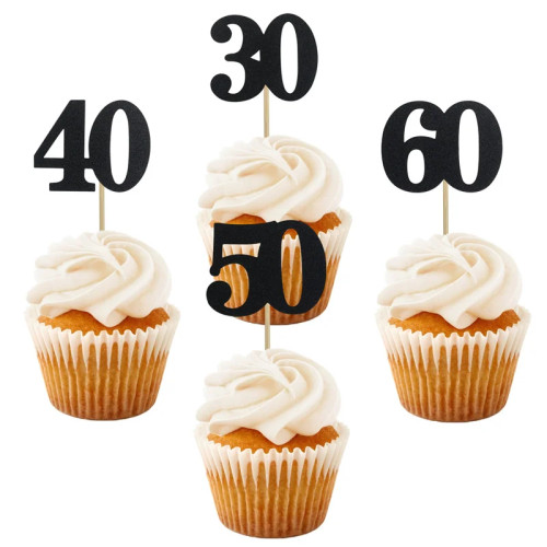 10 шт., черные топперы для капкейков, 30/40/50/60 лет