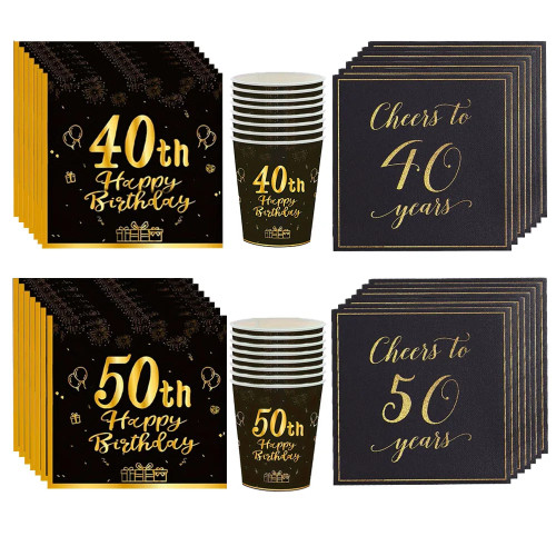 20/40/60/100/120 шт. салфетки на 40-й 50-й день рождения, черное золото, одноразовые салфетки для вечеринок, чашки для мужчин и женщин, декор для дня рождения, товары для вечеринок