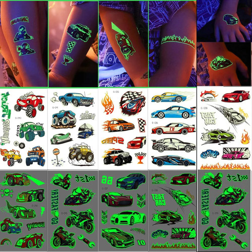 12 листов Hot Wheels, украшения для вечеринки, гоночная светящаяся наклейка, горячие колеса, татуировка, приз, колесо для мальчиков, гоночный автомобиль, сувениры для вечеринки, подарки