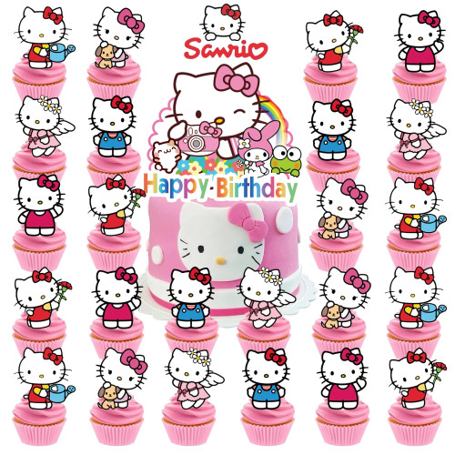 25 шт., топпер для торта «Hello Kitty», топперы для кексов, украшения на день рождения «Hello Kitty», товары для вечеринок на тему Hello Kitty», Birt Hello Kitty