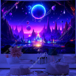 Галактика космический пейзаж УФ-реактивный гобелен Trippy Planet Mountain River неоновые художественные настенные гобелены для спальни, общежития, декор для вечеринки