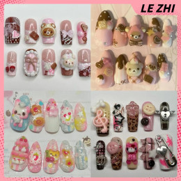 Kawaii 3D медведь Handmande пресс на накладные ногти наклейка кофе розовый кремовый стиль миндаль настраиваемый вечерние мультяшные наклейки для ногтей