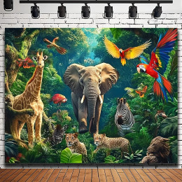 Фон для вечеринки в честь дня рождения Jungle Adventure — полиэфирное волокно с тигром, львом, слоном и другими узорами