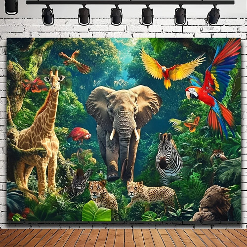 Фон для вечеринки в честь дня рождения Jungle Adventure — полиэфирное волокно с тигром, львом, слоном и другими узорами