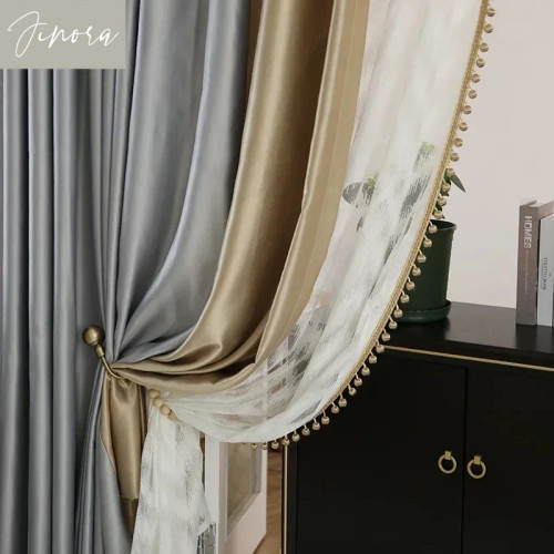 Luxurious Curtains for Living Room Bedroom Villa High-end Imitation Cotton Curtains Modern Tulle Golden Gray Curtain Customized
