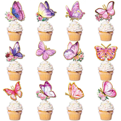 Топперы для кексов с бабочками, тематические украшения для женщин на день рождения, весеннюю вечеринку, розовые и фиолетовые топперы для кексов с бабочками