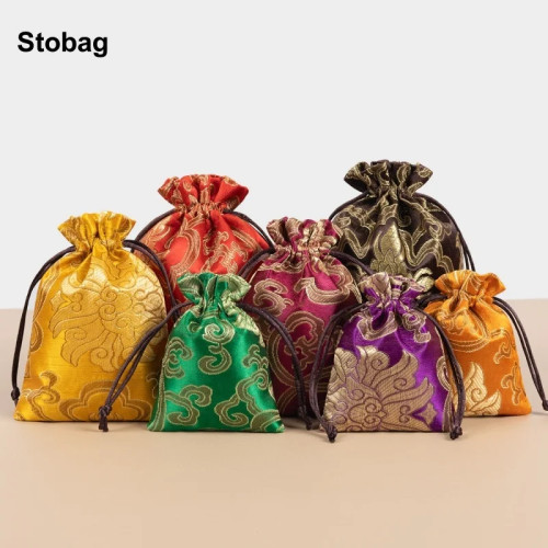 StoBag 50 шт., оптовая продажа, китайская шелковая хлопковая сумка на шнурке, маленький саше, подарочная упаковка для ювелирных изделий, комплект для хранения, карманная многоразовая сумка