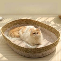 Плетеная корзина из ротанга для кошек, удобная спальная кровать для собак, летняя прохладная плетеная кошачья домик, пончик, круглая кровать для котенка, щенка, кошачьи кровати