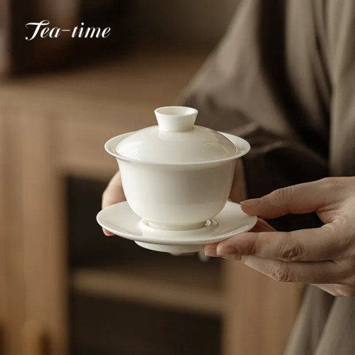 Sheep Fat Jade Gaiwan Белый фарфор Sancai Большой чайный сервиз ручной работы KungFu Puer Chawan Tureen Supplies Gaiwan Bowls Посуда
