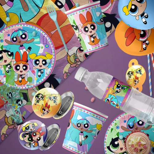 Powerpuff для девочек, тематические столовые приборы для дня рождения, бумажные стаканчики, бумажные тарелки, бумажные салфетки, одноразовые украшения для вечеринки, игрушки