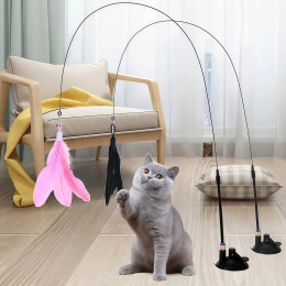 Игрушка-дразнилка для кошек Полюс-дразнилка для кошек с колокольчиком-перьями Удлиненный стержень на присоске Прочная палочка-дразнилка для прикусов Сменная головка с перьями