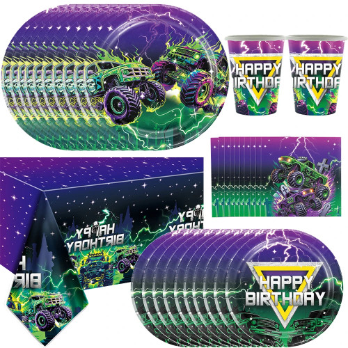 Товары для вечеринок Monster Truck, с днем рождения, зеленый, фиолетовый Monster Truck, посуда для вечеринки, одноразовые бумажные тарелки, салфетки, декор