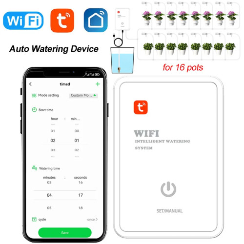 Устройство для автополива Tuya с Wi-Fi, умная система капельного орошения с таймером, с управлением через приложение, комплект для 16 комнатных растений