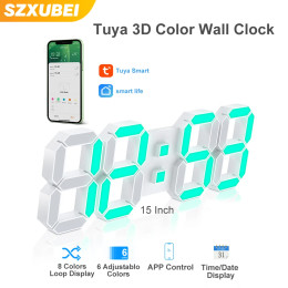 Будильник Tuya 3D светодиодные настенные цифровые цветные часы 15-дюймовые настенные часы в скандинавском стиле Настольные часы с календарем и термометром Подвесные часы