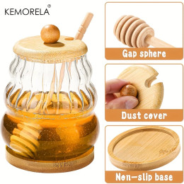 KEMORELA Баночка для меда с ложкой и герметичной крышкой 330/450 мл Стеклянная банка для меда с деревянной ложкой для меда Герметичный дозатор сиропа