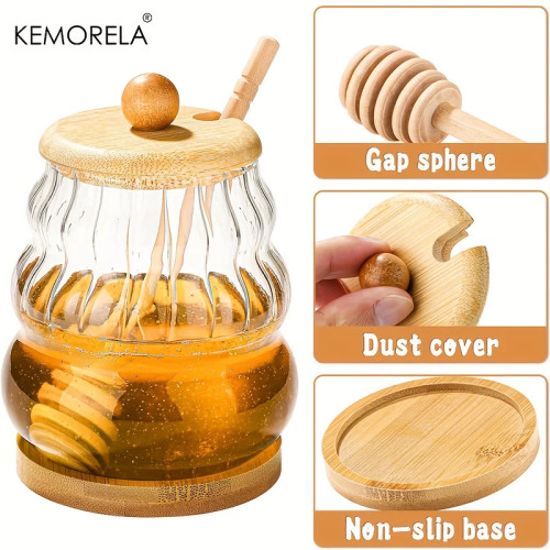 KEMORELA Баночка для меда с ложкой и герметичной крышкой 330/450 мл Стеклянная банка для меда с деревянной ложкой для меда Герметичный дозатор сиропа