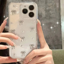 Чехол INS Японский Корейский с серебряным бантом для телефона iPhone 15 14 13 12 11 Pro Max X XS XR 7 8 Plus SE девушка эпоксидный Прозрачный блестящий чехол